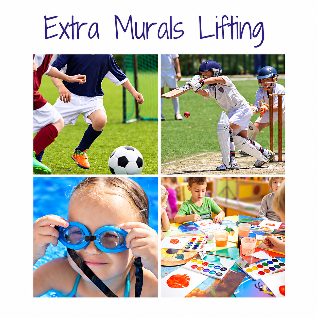 Children participating in football, cricket, swimming and art activities